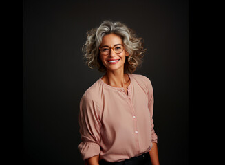 Portrait of beautiful mature woman, with gray hair, wearing pink shirt and glasses, on black background. Happy pensioner looking at the camera. Professional concept