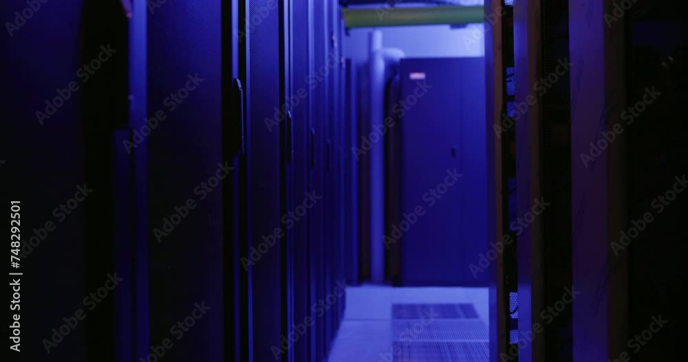 Poster Dark room, data center and neon light for information technology, cybersecurity or data protection background. System, machine and hardware in basement and hacking or servers for engineering at night