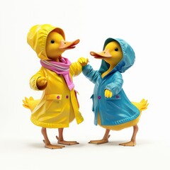 Two ducks in vibrant raincoats posing together - Animated, anthropomorphic duck figures dressed in colorful raincoats give human-like expressions and gestures, evoking whimsy and personification