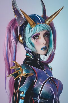 futuristic space unicorn anime influencer drag queen crazy outfit pink blue purple lgbt music rave 