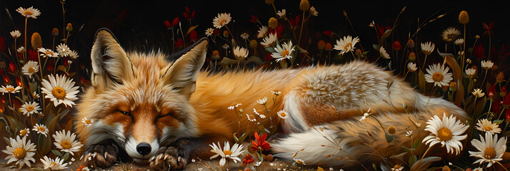 Fototapeta premium fox tree A painting of a red fox laying in a field, Painting of a fox in a floral frame with flowers and leaves