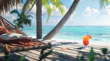 A hammock, a book, and a refreshing drink on a beachside deck, offering a glimpse into a tranquil summer getaway.