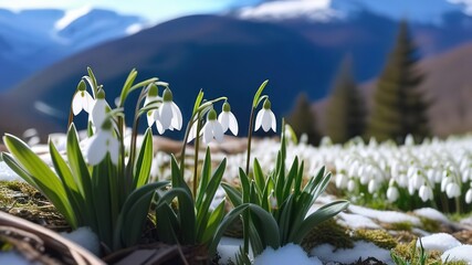 Snowdrops flowers mountains scene snowy early spring copy space travel vacation fresh plants leaves sunny day horizontal banner - obrazy, fototapety, plakaty
