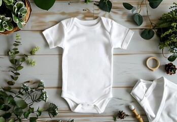 An organic newborn clothes, fashion, branding, small business idea. Flat lay, top view. Mockup