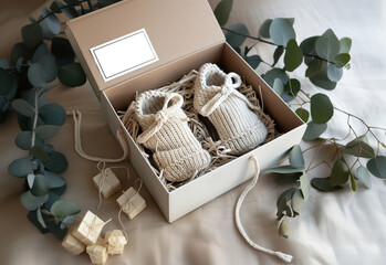 Fototapeta na wymiar Gift basket with gender neutral baby garments and accessories.