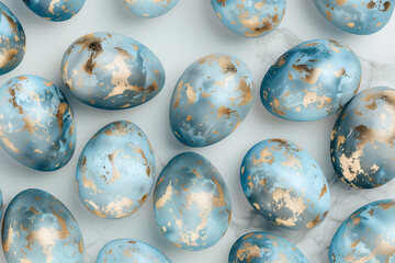 Pattern of beautifully and aesthetically decorated Easter eggs on a light background. Top view.