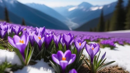 Poster Spring purple crocus flowers in mountains snowdrops early spring copy space march april botany plants fresh travel vacation valley © lidianureeva