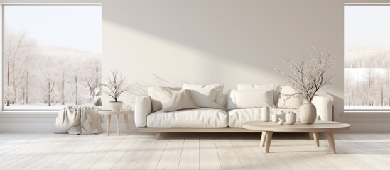 A black and white living room with a Scandinavian design featuring a sofa, vases, wooden floor, wall decor, and a large window with a white landscape view.