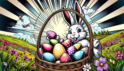 A whimsical cartoon rabbit sits beside a basket brimming with colorful Easter eggs - 748293514