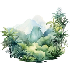 Watercolor jungle landscape clipart with transparent background