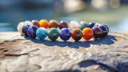 beautifully crafted gemstone bracelet rests upon a textured wooden surface, bathed in the soft glow of sunlight, showcasing a spectrum of vibrant colors