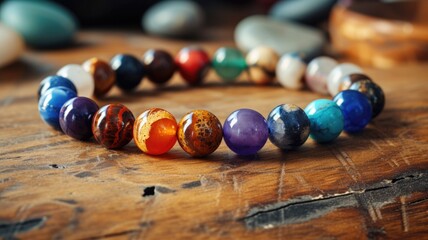 beautifully crafted gemstone bracelet rests upon a textured wooden surface, bathed in the soft glow of sunlight, showcasing a spectrum of vibrant colors
