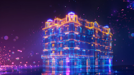 A holographic hotel building icon with shining lights, symbolizing accommodation and travel stays.