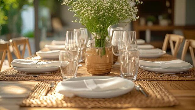 A rustic dining table set with handwoven placemats and napkins made by a retiree using organic cotton and natural dyes.