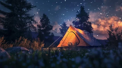Papier Peint photo Camping A holographic tent icon in a starry night setting, symbolizing camping under the stars and outdoor adventures.