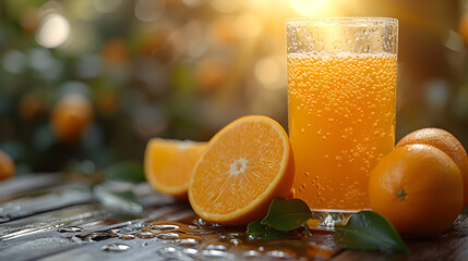 Refreshing orange juice bursts with tangy citrus flavor, offering a revitalizing sip of sunshine in every glass - obrazy, fototapety, plakaty