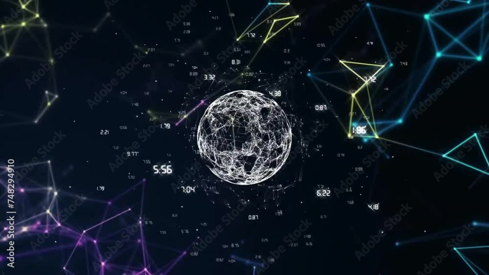 Poster animation of globe of connections with data processing on black background
