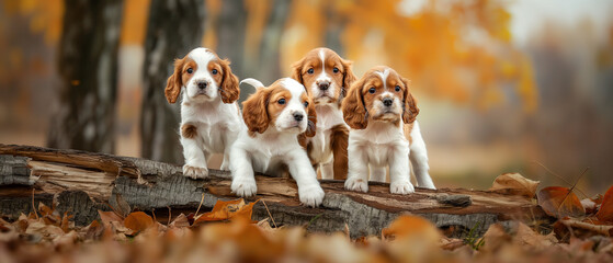 Grupo de cachorrinhos Cavalier King Charles Spaniel sentados no tronco no parque outono - obrazy, fototapety, plakaty