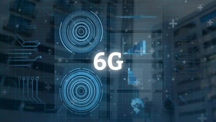 Animation of 6g text, digital data processing on screens over cityscape - Powered by Adobe