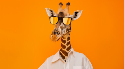 retrato de girafa usando óculos escuros e camisa branca isolada em laranja