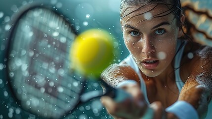 The tennis woman player strikes the ball with finesse and power executing precise shots with speed - obrazy, fototapety, plakaty