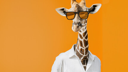 retrato de girafa usando óculos escuros e camisa branca isolada em laranja - obrazy, fototapety, plakaty