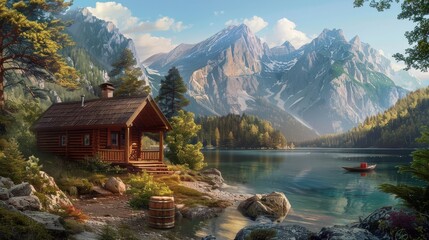 house on the shore of the lake - obrazy, fototapety, plakaty