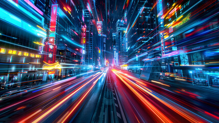 A Thrilling Journey Through the Futuristic Metropolis: Neon-Lit Skyscrapers, Speed Light Trails, and a Sense of High-Speed Virtual Reality, Captured by Advanced AI Technology - obrazy, fototapety, plakaty