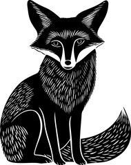 Cute fox black silhouette linocut illustration. Black outline art. Woodland animal.