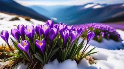 Spring purple crocus flowers in mountains snowdrops early spring copy space march april botany...