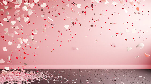 Happy Valentines Day! Pink  blossoming flowers in front of pink wall. Minimalistic design.. Spring, wedding, engagement, womens day, mothers dai celebration