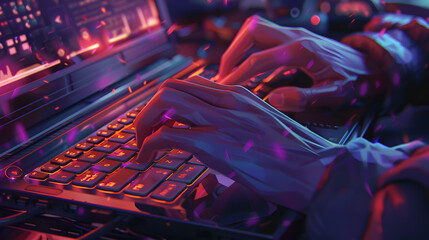 Dedicated and Focused: An Illustration of a Man Working Late into the Night on His Laptop, Engaging in Business, Studies, or Gaming - obrazy, fototapety, plakaty