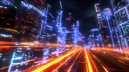 High-Speed Odyssey Through a Futuristic Metropolis: Neon Light Trails, Mega City Skyscrapers, and Next-Gen Technology Fusion in Vibrant Virtual Reality
