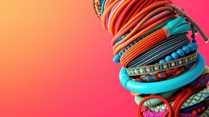 An exuberant display of various bracelets in vivid hues of pink, blue, and orange, featuring intricate patterns and textures, set against a vibrant orange and pink background