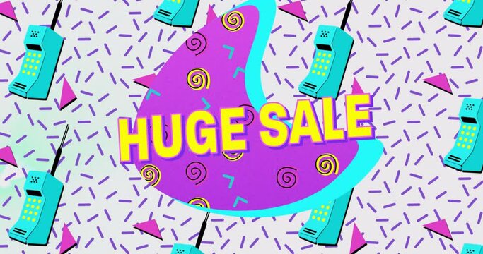 Animation of huge sale text over retro vibrant pattern background