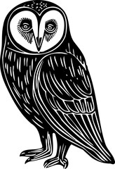 Cute owl black silhouette linocut illustration. Black outline bird art.