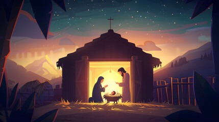 Celebrating the Birth of Christ: A Heartfelt Nativity Scene Illustration Featuring Baby Jesus,...