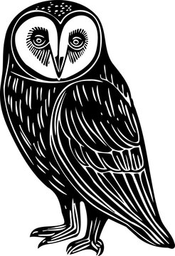 Cute owl black silhouette linocut illustration. Black outline bird art.