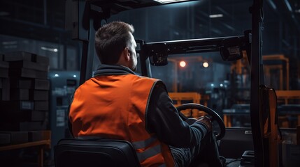 Fototapeta premium Rear view of warehouse worker standing in front of forklift in warehouse