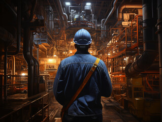Fototapeta na wymiar Back view of a engineer or factory worker standing in front of a factory at night.