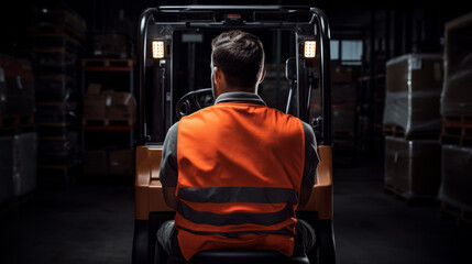Rear view of warehouse worker standing in front of forklift in warehouse