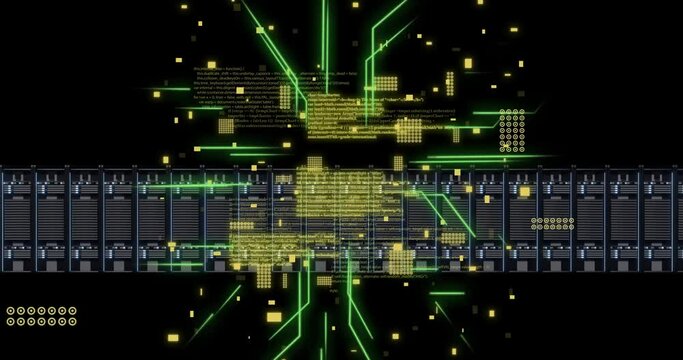Animation of circuit board and digital data processing over computer servers