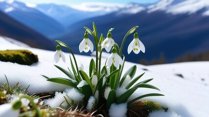 Snowdrops flowers mountains scene snowy early spring copy space travel vacation fresh plants leaves sunny day horizontal banner - obrazy, fototapety, plakaty