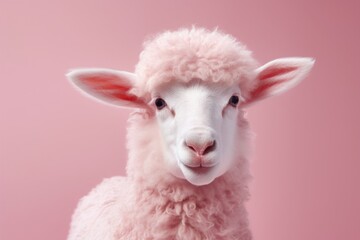 cute pink sheep, a lamb on a pink background. copy space.