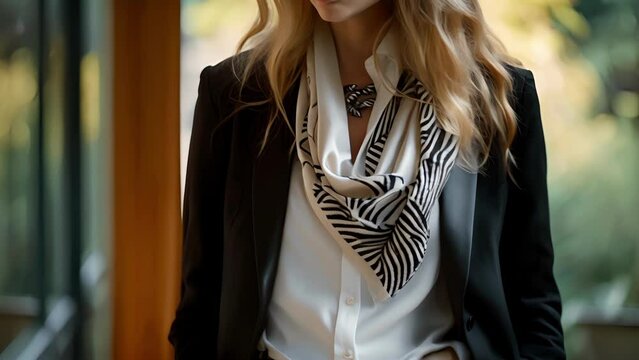 A luxurious silk scarf adorned with a delicate zebra print wrapped around the neck with a crisp white shirt and tailored black pants. A timeless and elegant choice for a chic