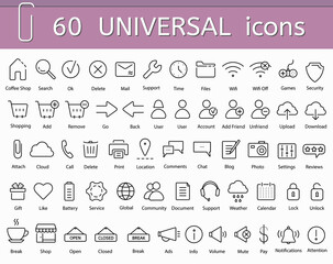 Universal icons set, vector flat black outline web and app basic symbols