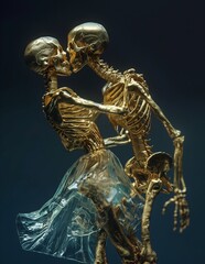 Skeletons of golden bones man and woman, kiss in classical dance pose, under the spotlights. Female skeleton wears a glass skirt. Dark blue background.