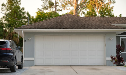 Car parked in front of wide garage double door on concrete driveway of new modern american house