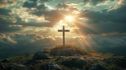 Christian Jesus cross at the top of a hill on a beautiful sunset, easter, resurrection, space for copy text