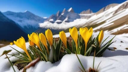 Spring yellow crocus flowers in mountains snowdrops early spring copy space march april botany plants fresh travel vacation valley - obrazy, fototapety, plakaty